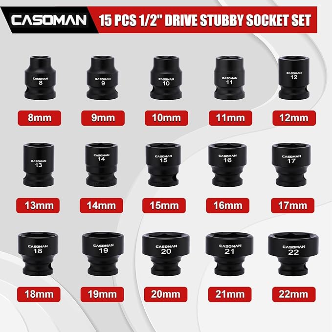 CASOMAN 15PCS 3/8" Drive Stubby Impact Socket Set, Low Profile, 8-22mm, Metric, CR-MO, 6-Point, 15 Pieces Shallow Socket Set for Automotive Maintenance, Repairs and DIY, for Tight Areas