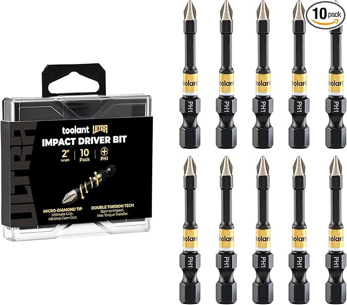 toolant 2 Inch Phillips Bit#1, Magnetic Anti Slip Impact Screwdriver Bits Set, 10pcs Impact Steel X2 PH1 Driver Dit Set with CNC Machined Tips for Impact Driver