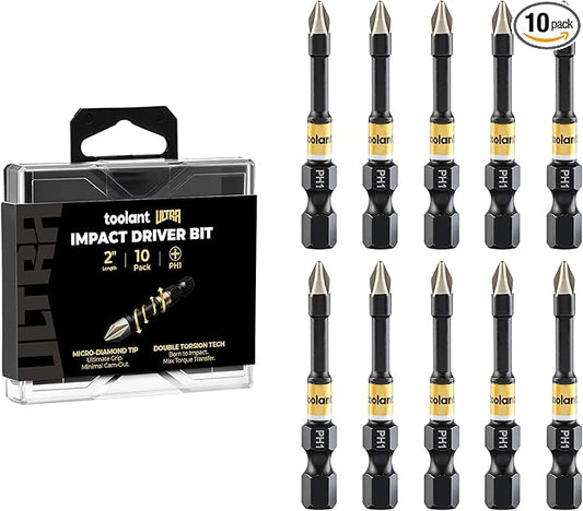 toolant 2 Inch Phillips Bit#1, Magnetic Anti Slip Impact Screwdriver Bits Set, 10pcs Impact Steel X2 PH1 Driver Dit Set with CNC Machined Tips for Impact Driver