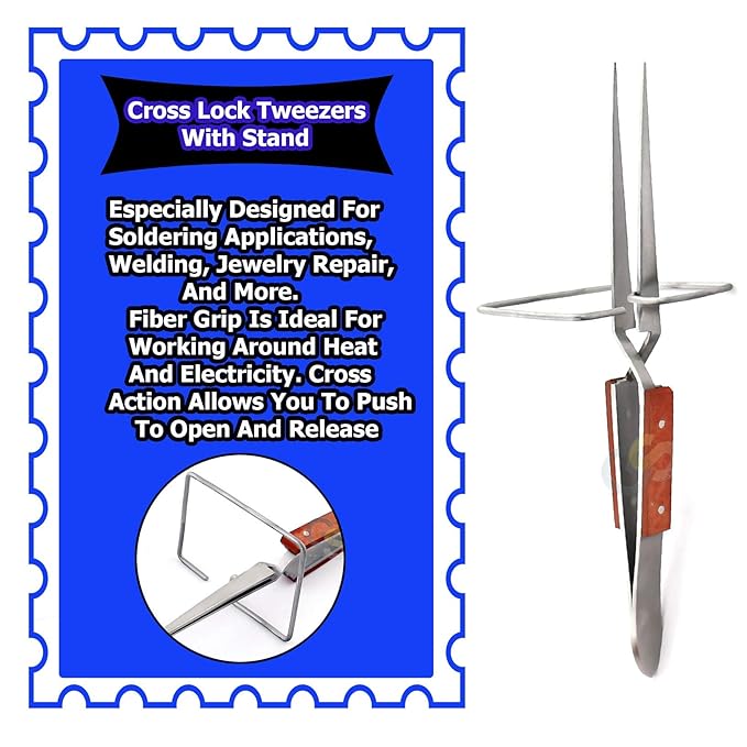 6-1/4" Straight Fiber-Grip Cross-Locking Tweezers with Stand for Soldering Welding Jewelry Making Repair Tool by G.S Online Store