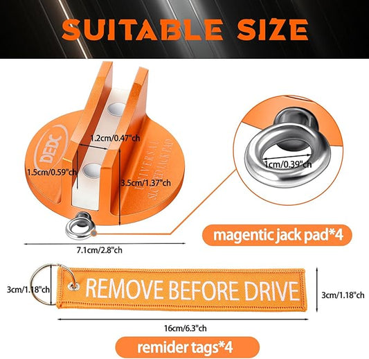 DEDC Universal Aluminum Grooved Magnetic Jack Pad 4 Pcs, Jack Pinch Weld Adapter, Frame Rail Protector with 4 Reminder Streamers, Tools for Mechanics, Garage Accessories for Men