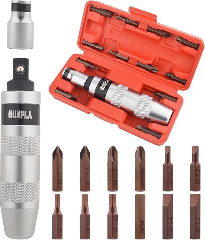 Gunpla Impact Screwdriver Set, Industrial-Grade 40CR Alloy Steel Manual Impact Driver with Phillips Slotted Hex Driver Spinning Ratchet Adapter Adjustable Handle for Fastening Loosening, 12 Piece