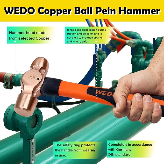 WEDO 2PCS Copper Ball Peen Hammer Set, 8 oz + 12 oz(1/2lb+3/4lb), Ball Pein Hammer with Fiberglass Handle, Die-Forged, Corrosion Resistant, DIN Standard