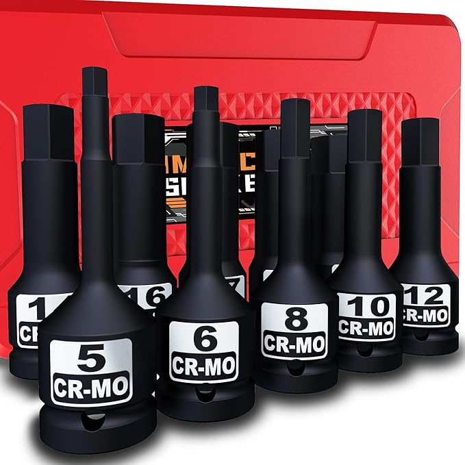 1/2" Drive Master Impact Hex Bit Socket Set, Metric, 10 Pieces 1/2" Drive Impact Allen Bit Socket Set, 5mm - 19mm, Cr-Mo Steel, Heavy Duty Storage Case