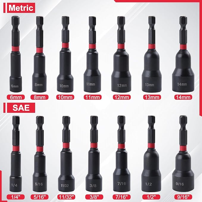 21PCS Magnetic Nut Driver Set for Impact Drill, 1/4" Hex Shank, Metric & SAE Magnetic Impact Drill Driver Bit and Socket Adapter, Magnetic Bit Holder, Quick Release Extension with Storage Bag