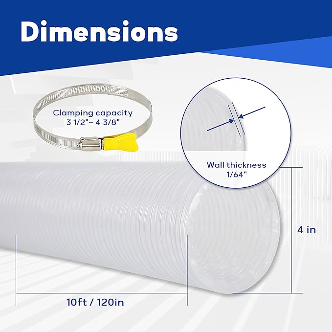 4"x 10' PVC Dust Collection Hose with 304 Stainless Steel Hose Clamps, for Table Saw, Band Saw, Planer, Woodworking and Wood Shop Dust Collection System