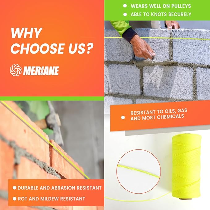 MERIANE Mason Line, 1000 Ft #18 Braided Nylon String Twine, Premium String for Masonry Jobs, Construction, Gardening, Net Making and Mending, DIY Projects, Fluorescent Yellow