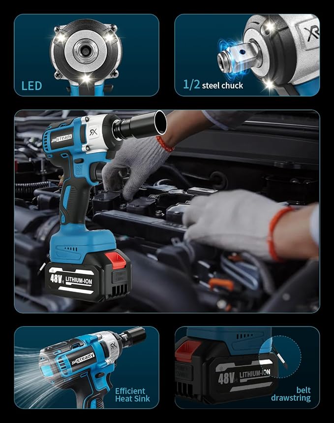 48V Cordless Impact Wrench, 1/2 Impact Gun, 4-Speed Brushless High Torque Impact Gun with LED Light, Precision Power Wrench