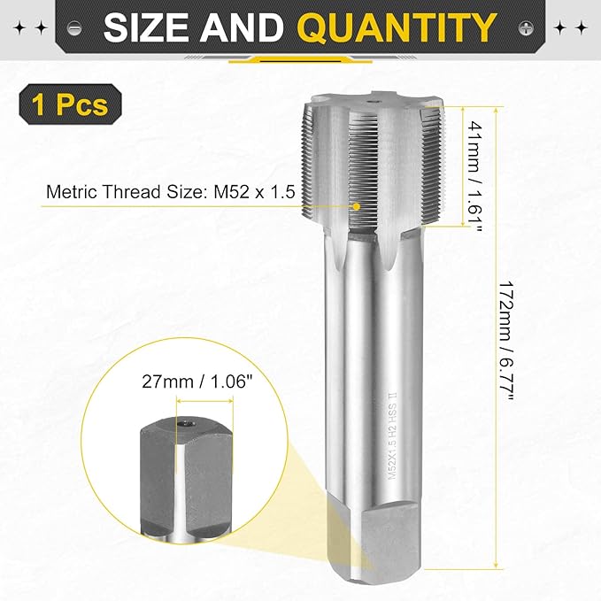 uxcell Hand Plug Tap M52 x 1.5 H2 Metric Thread Plug Style Taps Straight Flute Screw Tapping Threading Tool High Speed Steel HSS6542
