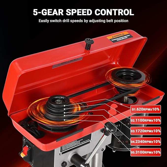 8" Benchtop Drill Press, Laser Ray (Class II Max. 1mW), Tabletop Drilling Machine with 5 Adjustable Speeds (620 to 3100 RPM), 0-45°Tilting Worktable with LED Light (1W), for Wood or Metal