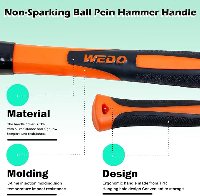 WEDO Non-Sparking Ball Peen Hammer 1-1/2 lb Head, Spark-free Safety Ball Pein Hammer, Non-Magnetic, DIN Standard, BAM & FM Certificate, Beryllium Copper, 13" Length
