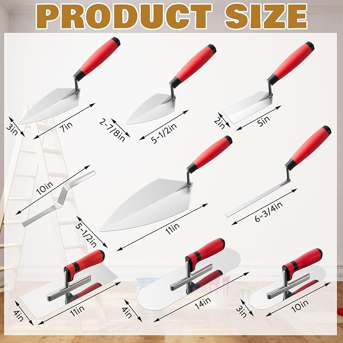 18 Pcs Masonry Hand Tool Set in Tool Bag Includes 6 Pcs Trowel Set Wooden Sanding Board Stainless Steel Putty Knife Brush Rebar Hook Masonry Kit Rubber Gloves Construction Wire(Orange)