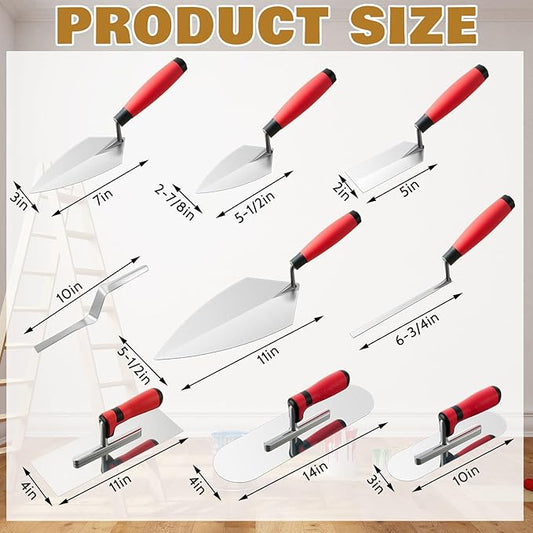 18 Pcs Masonry Hand Tool Set in Tool Bag Includes 6 Pcs Trowel Set Wooden Sanding Board Stainless Steel Putty Knife Brush Rebar Hook Masonry Kit Rubber Gloves Construction Wire(Orange)