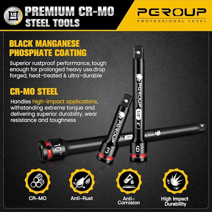 1/2-Inch Drive Impact Extension Bar Set | 3 Piece Socket Extensions 3" 6" & 10" Long | Premium CR-MO Steel with Deep Embossed and Painted Marking