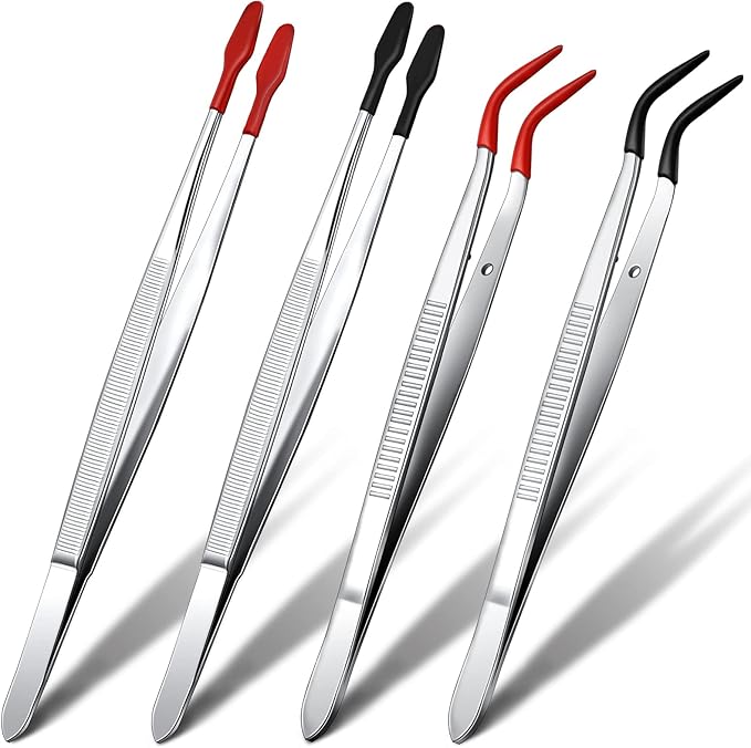 Zhehao 4 Pieces Tweezers with Rubber Tips PVC Coated Set Rubber Straight Flat Tip Long Bent Tweezers for Stamps Crafts Beads Jewelry Tools