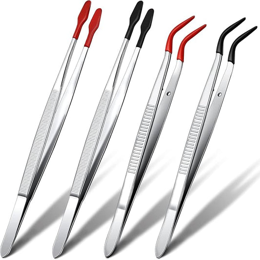Zhehao 4 Pieces Tweezers with Rubber Tips PVC Coated Set Rubber Straight Flat Tip Long Bent Tweezers for Stamps Crafts Beads Jewelry Tools