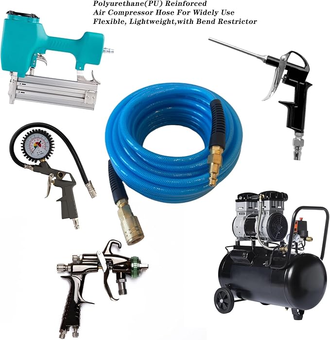 Air Hose 1/4 in x 100 ft, Polyurethane(PU), Reinforced Air Compressor Hose, Lightweight, Kink Resistant with 1/4??Industrial High Flow Quick Coupler&Plug, Bend Restrictors,300 PSI (100FT, White Blue)