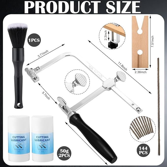 Lothee 3 in 1 Professional Jeweler's Saw Set Include Saw Frame 144 Blades Wooden Pin Clamp Wood Metal and Cutting Lubricant