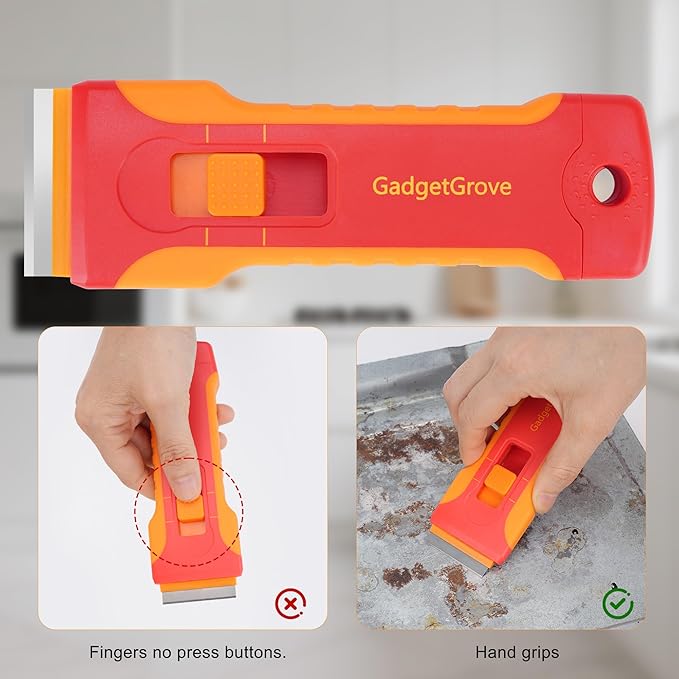 Razor Blade Scraper with 10pcs Blades and 3Pcs wire brushes,Scraper Tool for Cleaning Glass Window, Cooktop, Oven, Stove, Scraper with Buit-In Blade Storage, Upgraded Lock Mechanism, Orange