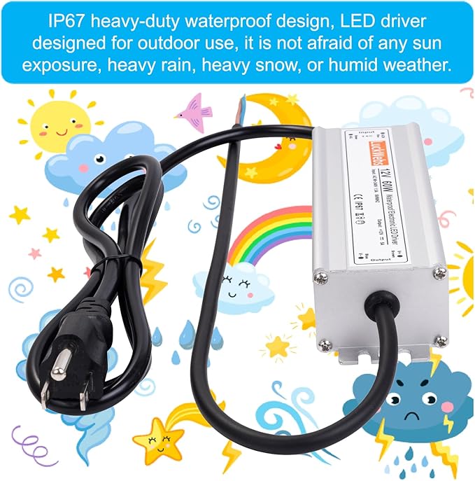 LED Driver 12V60W Waterproof IP67 Power Supply Transformer AC90-240V to DC 12V5A Switching Power Supply Stable Performance Suitable for Indoor Outdoor LED Strip Lights and 12V DC Devices