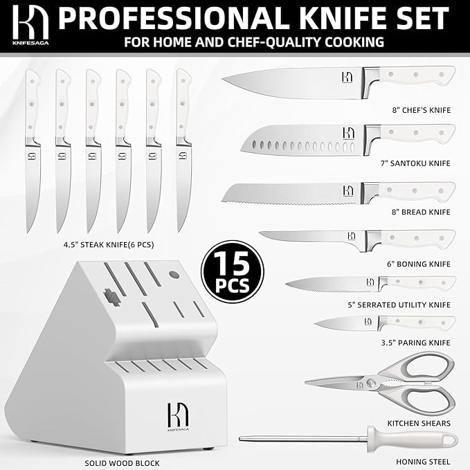 KnifeSaga Kitchen Knife Block Set, 15-Piece Enduring Ultra Sharp Knife Set, Japanese High Carbon Stainless Steel, Premium Forged Knives for Kitchen and Professional Chefs, White