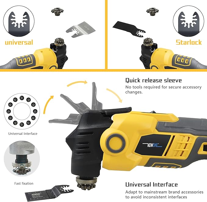 NEWONE Anti-vibration Oscillating Tool Compatible with De-Walt 20V Battery Anti-vibration Oscillating Multi-Tool Kit with 3.6째 Oscillation Angle,6 Variable Speed,16-piece Electric Multitool Blades,Box