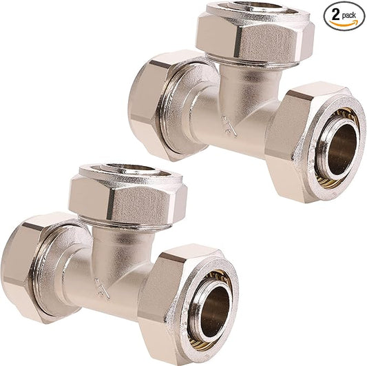 2PCS 3/4?쇺?Tee Air Piping Fittings, 3/4?쇺?Tubing x 3/4?쇺?Tubing x 3/4?쇺?Tubing, Brass-Nickel Plated, 200PSI Working Pressure, Air Line Fittings for Shop Garage Compressed Air Tube System