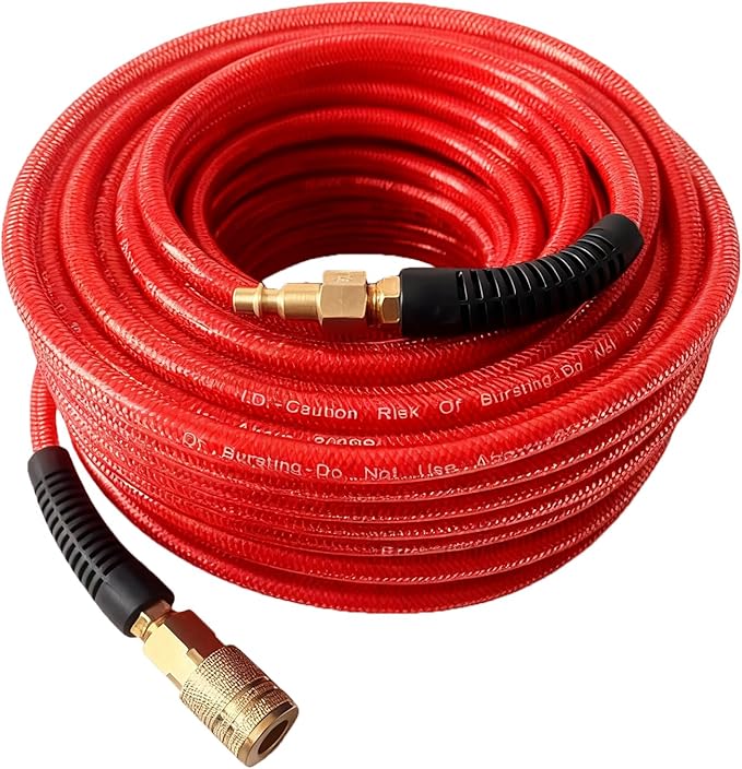 Air Hose 1/4 in x 100 ft, Polyurethane(PU), Reinforced Air Compressor Hose, Lightweight, Kink Resistant with 1/4??Industrial High Flow Quick Coupler and Plug, Bend Restrictors,300 PSI (Red, 100FT)