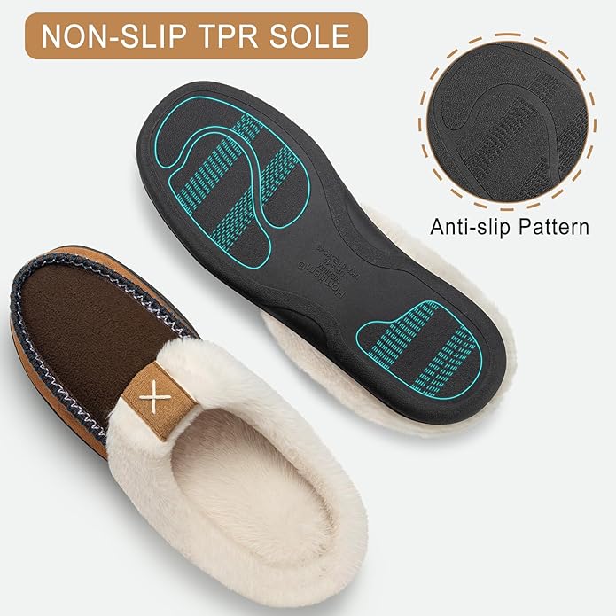 Homitem Mens Slippers Moccasins Memory Foam Fuzzy Slippers for Men Wool-Like Plush Fleece Lined House Shoes Indoor Outdoor Anti-Skid Rubber Sole Home Bedroom