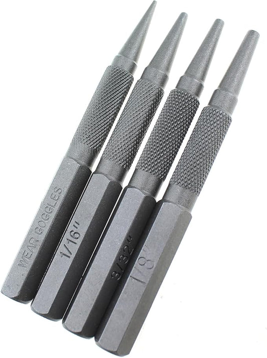 Maxmoral 4 Pieces Nail Setter Punch and Center Punch Set Heat Treated Alloy Steel with Knurled Grip 4 Sizes