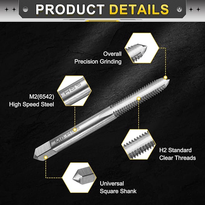 uxcell Hand Plug Tap M6 x 1 H2 Metric Thread Plug Style Taps Straight Flute Screw Tapping Threading Tool High Speed Steel HSS6542