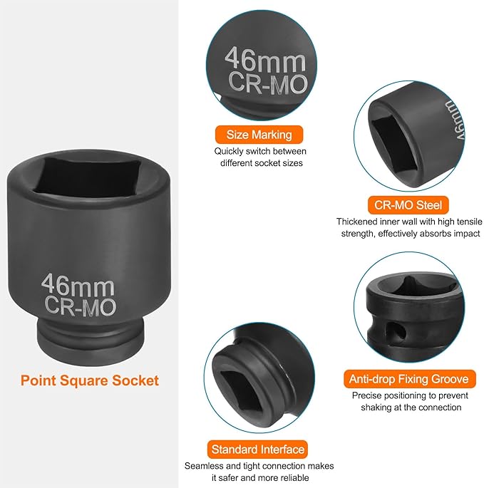 HARFINGTON 4 Point Square Socket 1" Drive 46mm Metric Square Impact Socket CR-MO Blackening Standard Wheel Sleeve Pneumatic Sleeve Tool for Auto Repair Mechanical Maintenance Home Use
