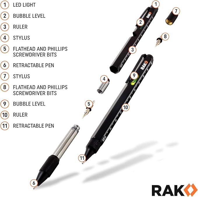 RAK Multitool Pen Gifts for Men, 2-Pack 11 in 1 Multitool Pen Set, Tech Cool Gadgets Stocking Stuffer Holiday Christmas Gifts for Dad, Husband, Grandpa, Him, EDC Tactical Pen Tool, Gift-Ready Box