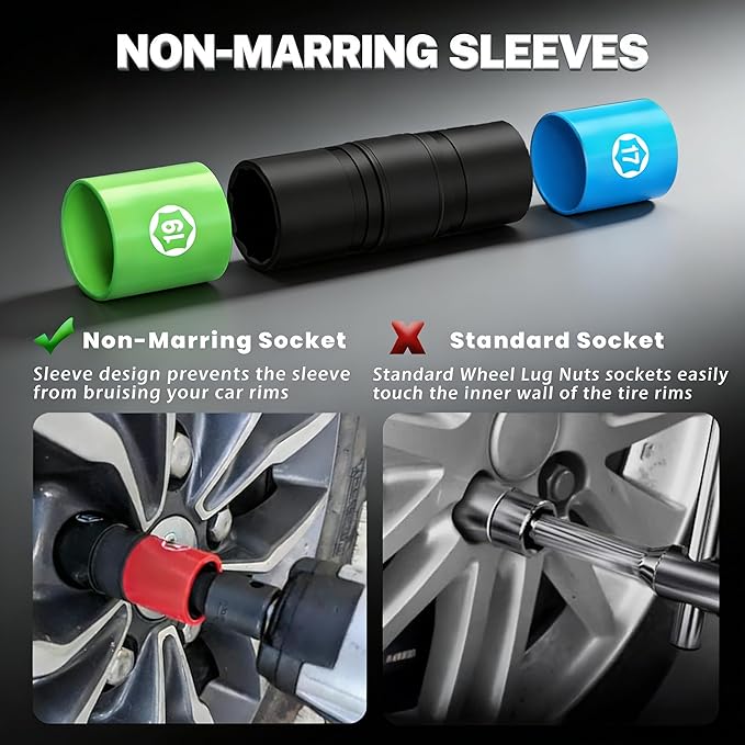6 PCS 1/2 inch Drive Half Size Lug Nut Socket Set with Metric 17 19 21 22 mm, SAE 3/4" 13/16" 7/8" 15/16", Impact Flip Socket Set Non-Marring Thin Wall Double Ended Wheel Nut Socket Removal Kit