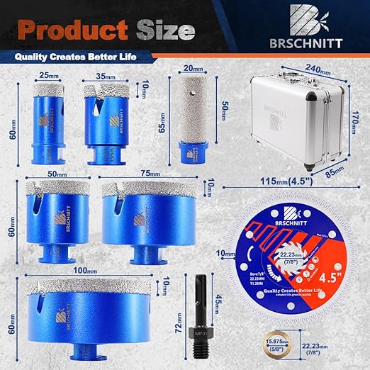 Diamond Core Drill Bit Set - BRSCHNITT Tile Hole Saw Kit 1" 1-3/8"2" 3" 4"& 4/5" Finger Bit & for Porcelain Tile Ceramic Marble Granite &Diamond Blade