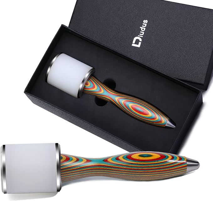 Leather Working Mallet, Leather Mallet Leather Carving Hammer, Leather Maul Nylon Straight Head Comfortable Wooden Handle Hammer DIY Leatherworking (Colorful/Water-Rippled)