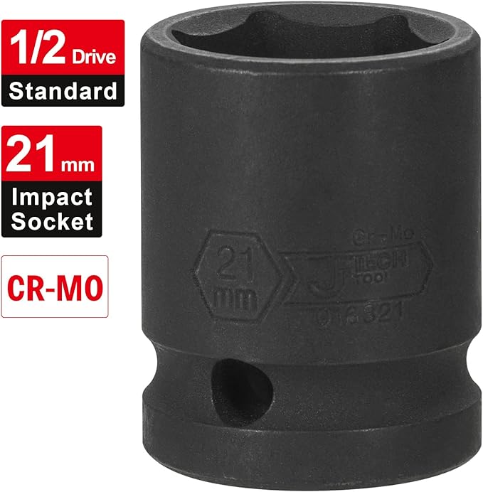 JETECH 1/2 Inch Drive 21mm Standard Impact Socket, Chrome Molybdenum Alloy Steel, 6-Point Design, Metric