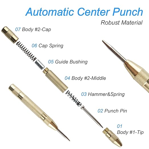 2Pcs Automatic Center Punch, 5'' Premium Spring Loaded Center Punch, Adjustable Spring Loaded Hole, Heavy Duty Steel Automatic Marker Tool for Metal, Wood, Glass by RNSXYAT