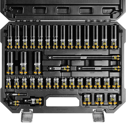 BOEN 40-Pieces 1/2" Drive Impact Socket Set, Metric (8-24mm) Deep & Shallow Socket, 6-Point Design, Yellow Embossed Marking, CR-MO Steel