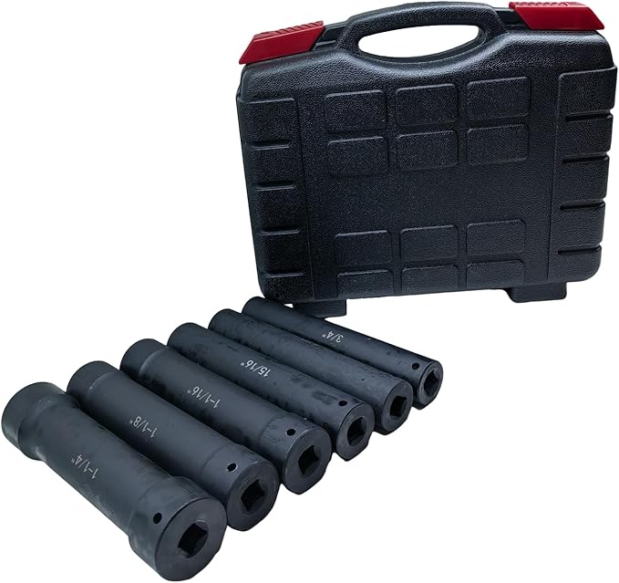 1/2 Inch Drive Extra Deep Impact Socket Set, 6.7" Long竊?-Piece竊똈ncludes Sizes 3/4", 7/8", 15/16", 1-1/16", 1-1/8", 1-1/4", with Storage Case竊?for Long Threaded Rods竊똁olts or Studs