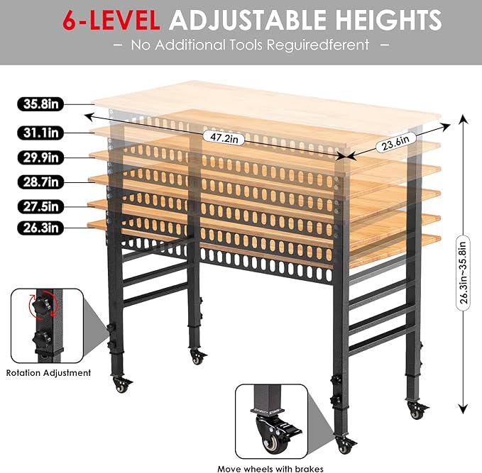 48 "Adjustable Workbench with Power Outlet, Heavy Duty 2000 LBS Load Capacity Hardwood Workbench Suitable for Workshop, Office, Garage, Home with Wheels