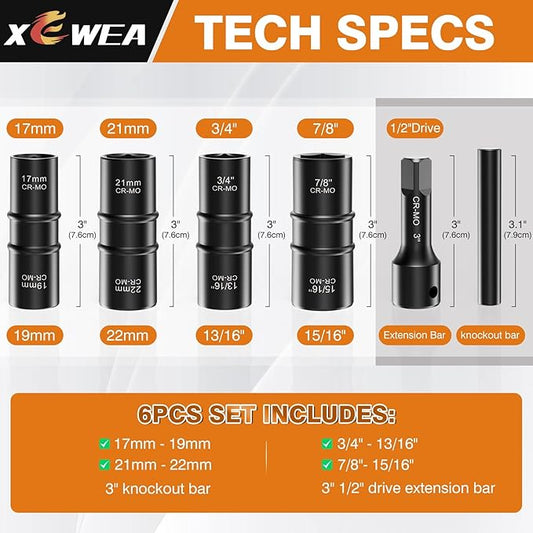 6PCS Lug Nut Impact Socket Set, XEWEA 1/2" Drive 8-IN-4 Flip Socket Design Metric 17 19 21 22 mm & SAE 3/4 13/16 7/8 15/16 in,Dual-End Thin Wall Nut Sockets with 3" Extension Bar & Knockout Bar
