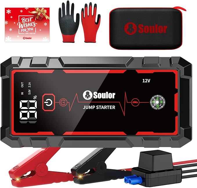 Jump Starter, Battery Jumper Starter Portable, Car Battery Jump Starter with 3 Modes Flashlight, Compass, Power Bank and Jumper Cable