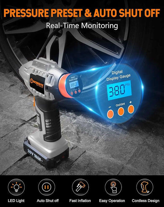 WORKSITE Cordless Tire Inflator Air Compressor,Portable Handheld Air Pump,Battery Powered Car Tire Pump with 12V Car Power Adapter Digital Pressure Gauge for Cars Motorcycles, Gray