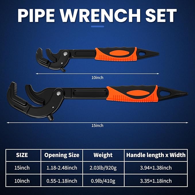 Self-Adjusting Pipe Wrench Set, 10" & 15", Power Grip for Plumbing & Auto Repair, 14-60mm Jaw, Anti-Slip Teeth, Chromium Steel