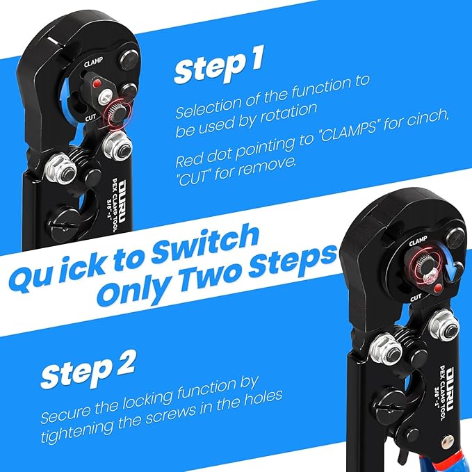 2 IN 1 Ratchet Pex Crimping Tool Cinch and Remove Combo Function Pex Pipe Crimp Tool from 3/8" to 1" Pex Crimper with Pex Cutter and Stainless Steel Pex Clamps 1/2" 25PCS,3/4" 10PCS