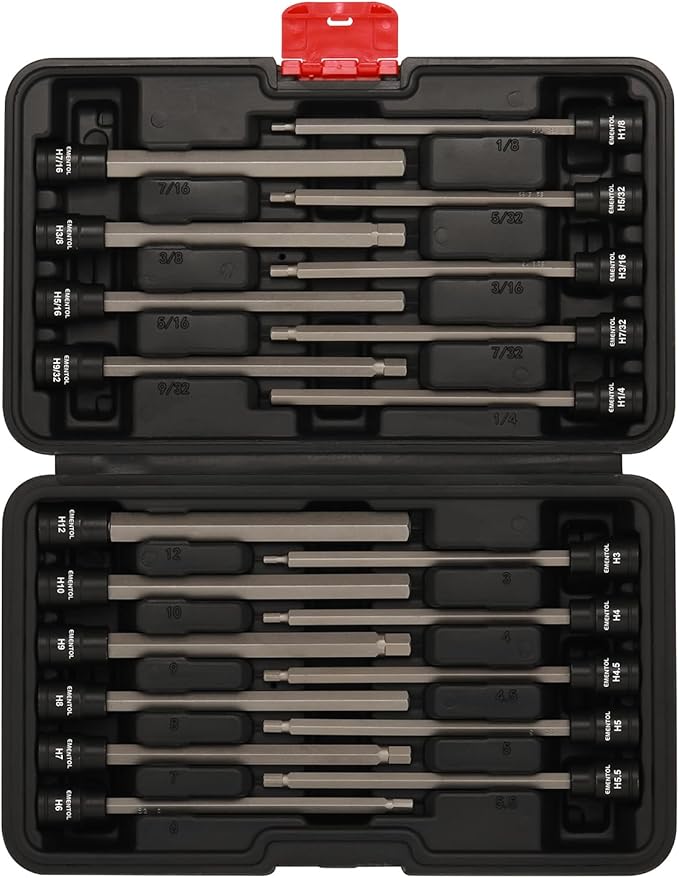 EMENTOL 20PCS 3/8-Inch Drive Hex Bit Long Socket Set, Allen Socket Set, CR-V, S2 Alloy Steel Bit, SAE/Metric, 3mm - 12mm, 1/8"-7/16"