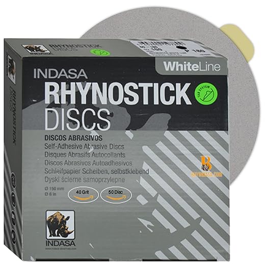 Indasa 6" 50 PCS PSA Sanding Discs ??Rhynostick 40 Grit / 50 Discs ??Self-Adhesive Sticky-Back Sandpaper for DA Sander, Automotive, Wood, Metal, Paint, Whiteline