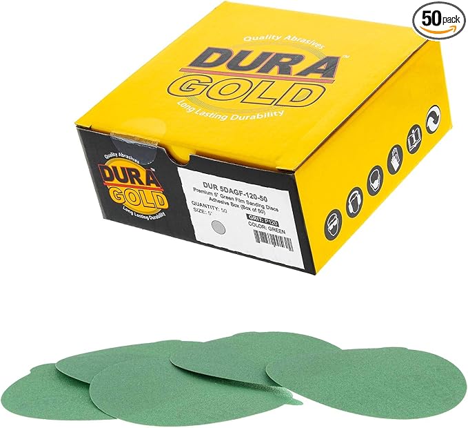 Dura-Gold Premium 5" Green Film PSA Sanding Discs - 120 Grit (Box of 50) - Film Back Self Adhesive Stickyback Sandpaper Discs for DA Sanders, Fast Cut Abrasive - Sand Automotive Paint Woodworking Wood