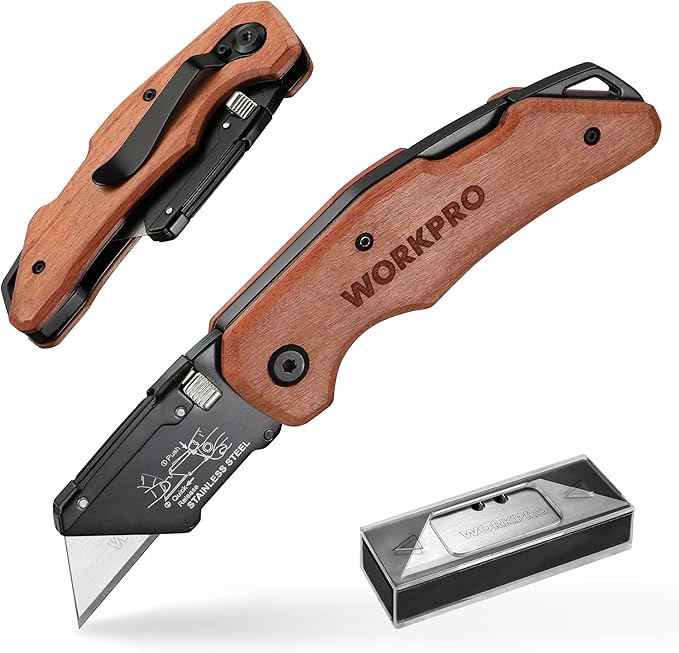 WORKPRO Folding Utility Knife with Stainless Steel Head, Quick-change Blade & Back Lock, Wood Handle Heavy Duty Box Cutter, 1PC Razor Knife with Extra 10PC SK5 Blades